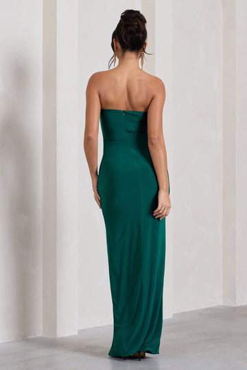 Dawning Bottle Green Bandeau Knotted Split Maxi Dress